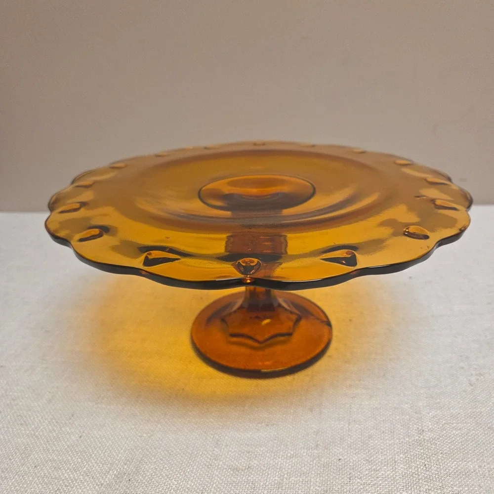 Indiana Amber Glass Cake Stand Scalloped Thumbprint Pedestal Dessert Server
